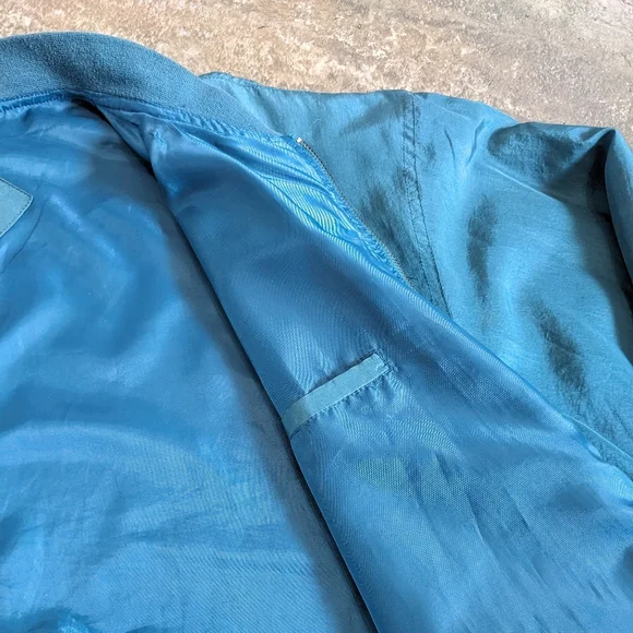 Lucky Star Vintage 100% Silk Luxury Lightweight Unisex Bomber Jacket Size L Teal - Picture 6 of 11